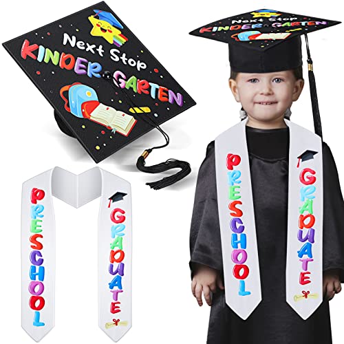 Funnysoft 2025 Preschool Graduation Cap with Printed Graduation Stole Unisex Preschool Graduation Cap Sash(White) - Image 1