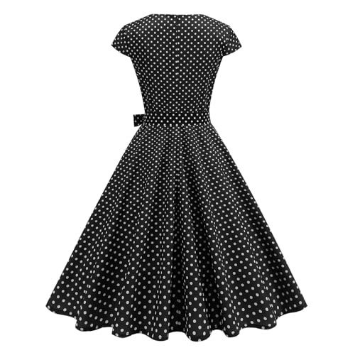 IKADEX Women's Retro Formal Cocktail Party Dresses 1950s Cap Sleeve Polka Dot Swing Dress with Belt for Wedding Church Black S - Image 2