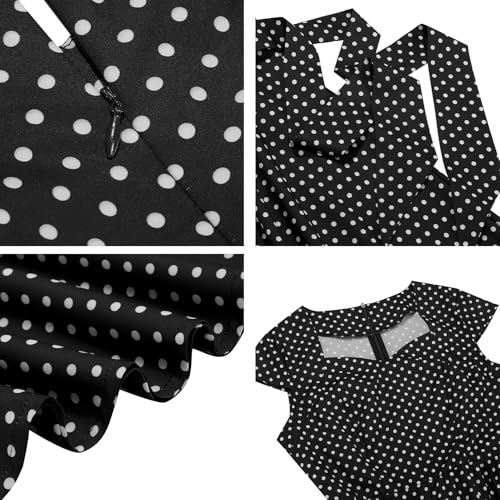 IKADEX Women's Retro Formal Cocktail Party Dresses 1950s Cap Sleeve Polka Dot Swing Dress with Belt for Wedding Church Black S - Image 4