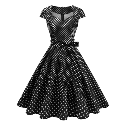 IKADEX Women's Retro Formal Cocktail Party Dresses 1950s Cap Sleeve Polka Dot Swing Dress with Belt for Wedding Church Black S - Image 1