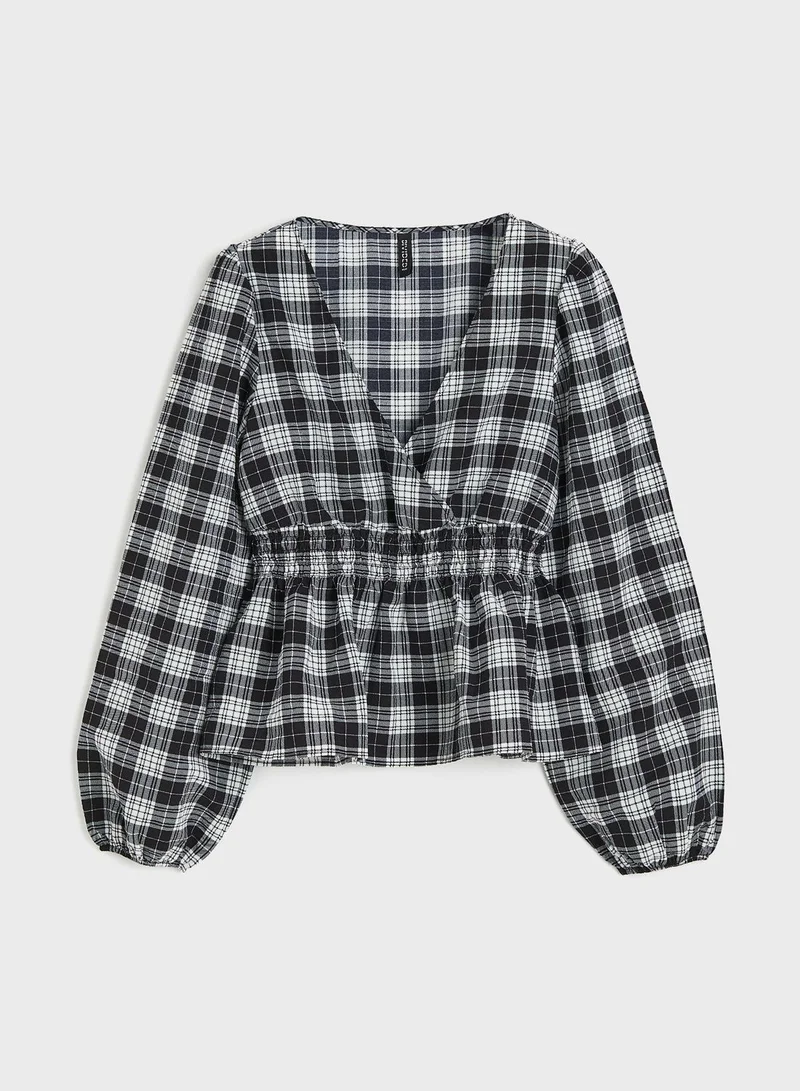 H&M Puff Sleeve Checked Top