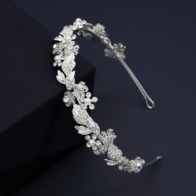 SINIDE Bridal Headpiece Handmade Wedding Headband Rhinestone Pearl Wedding Hair Accessories Silver Wedding Tiara for Women Ladies Flower Girl Hair Vine