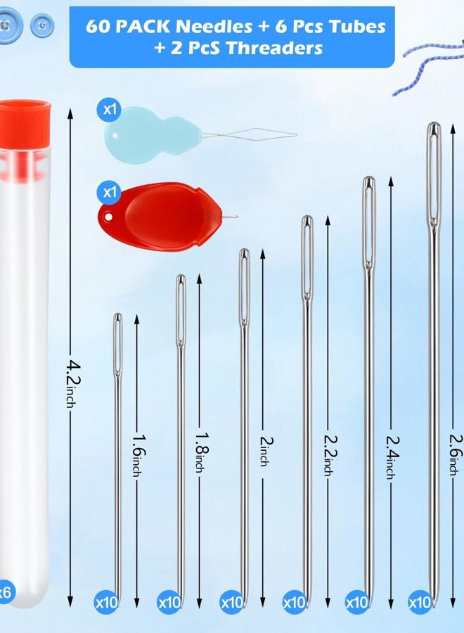 FIVEIZERO 60 PCS Large Eye Sewing Needles, 6 Sizes Sewing Sharp Needles, Leather Needle Embroidery Thread Needle, Stainless Steel Yarn Knitting Needles with Threaders for Handsewing Art Crafts - Image 2