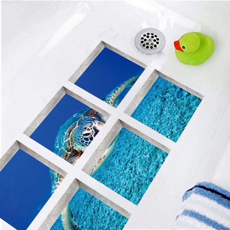 ChezMax Bath Treads Stickers Sea Turtle Pattern Square 3D Adhesive Anti Slip Tub Tattoos Safety Decals Mat Waterproof Shower Tub Sticker Bathtub Appliques for Bath Pools Home Decor 6 Pcs 5.9" X 5.9" - Image 1