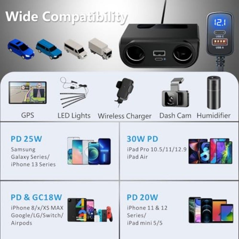 محول شاحن سيارة USB 120 وات مقسم المدخن مع شاشة مؤشرات LED وفتحتين مقعدين و QC 3.0 و PD للشحن السريع بتقنية 12 فولت و24 فولت، محول متعدد المنافذ 6 في 1 للسيارة مع مآخذ طاقة متعددة للهاتف - Image 4