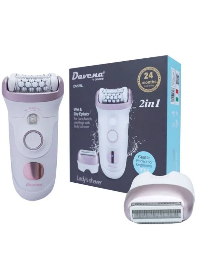 Italian 2-in-1 women's hair removal machine, model DV575L, for dry and wet use.