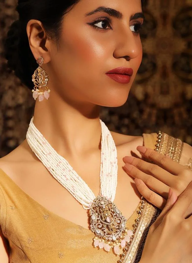 Priyaasi Ethnic Women Pink Brass Jewellery Set with pattern and secured with closure and styled in ideal for Ethnic moments — exude elegance in every glance.