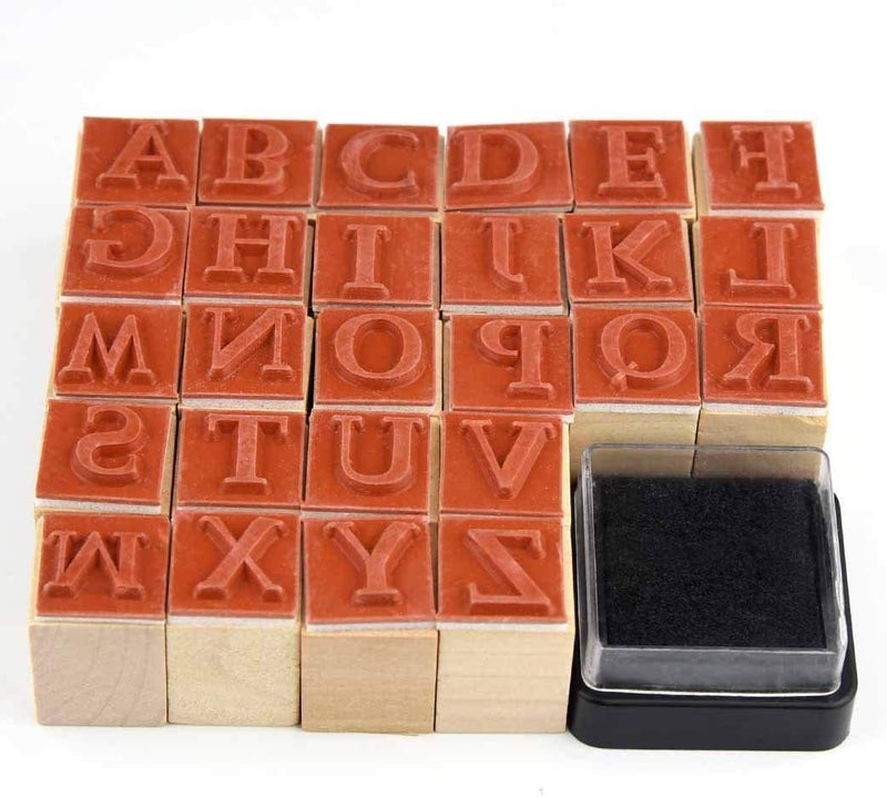 Oytra Wooden Alphabet Stamps Set with Ink Pad 26 Rubber Capital Letter for Journal Scrapbooking Art & Craft Vintage Letters Stamp for Journaling DIY Bullet Journal Stamping - Image 3