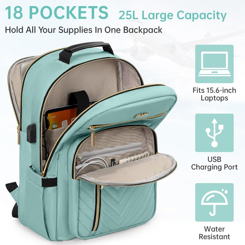 WELIDAY Laptop Backpack for Women, 15.6 Inch Work Business Backpacks, Large Capacity Travel Backpack with USB Charging Port, School Backpack Work Backpack for Nurse Teacher, Light Green - Image 2