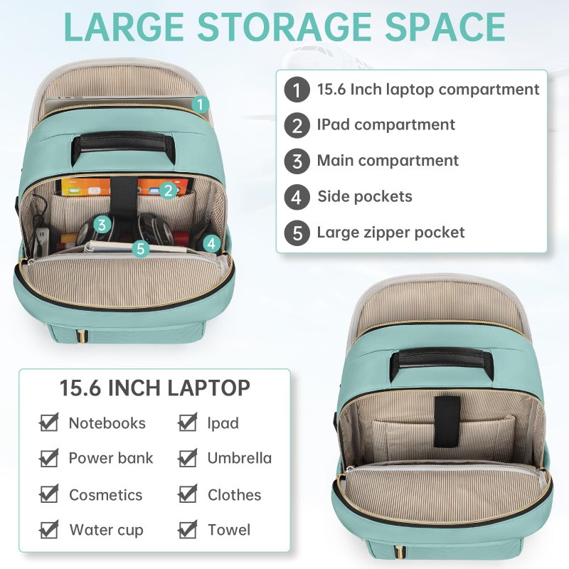 WELIDAY Laptop Backpack for Women, 15.6 Inch Work Business Backpacks, Large Capacity Travel Backpack with USB Charging Port, School Backpack Work Backpack for Nurse Teacher, Light Green - Image 3