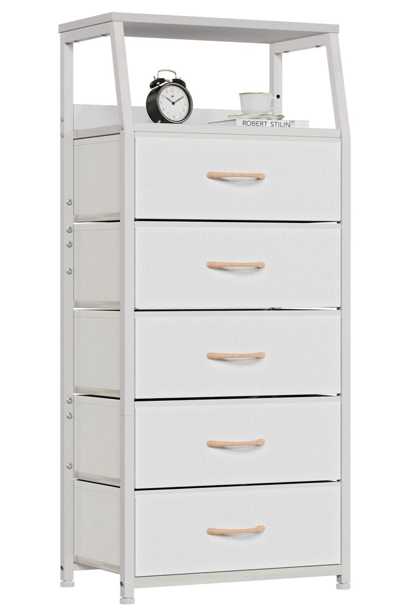 Chulovs White Chest of Drawers with 5 Drawers, Vertical Storage Tower Fabric Chest for Bedroom, Hallway, Entryway, Nursery, Closet Organizer, Nightstand Bedside Furniture, Durable Steel Frame, Wooden Top - Image 1