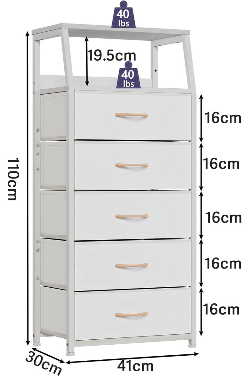 Chulovs White Chest of Drawers with 5 Drawers, Vertical Storage Tower Fabric Chest for Bedroom, Hallway, Entryway, Nursery, Closet Organizer, Nightstand Bedside Furniture, Durable Steel Frame, Wooden Top - Image 2