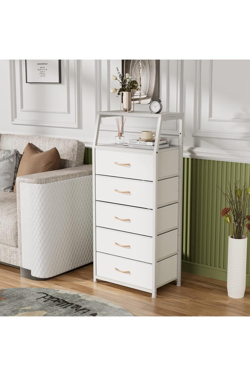 Chulovs White Chest of Drawers with 5 Drawers, Vertical Storage Tower Fabric Chest for Bedroom, Hallway, Entryway, Nursery, Closet Organizer, Nightstand Bedside Furniture, Durable Steel Frame, Wooden Top - Image 5