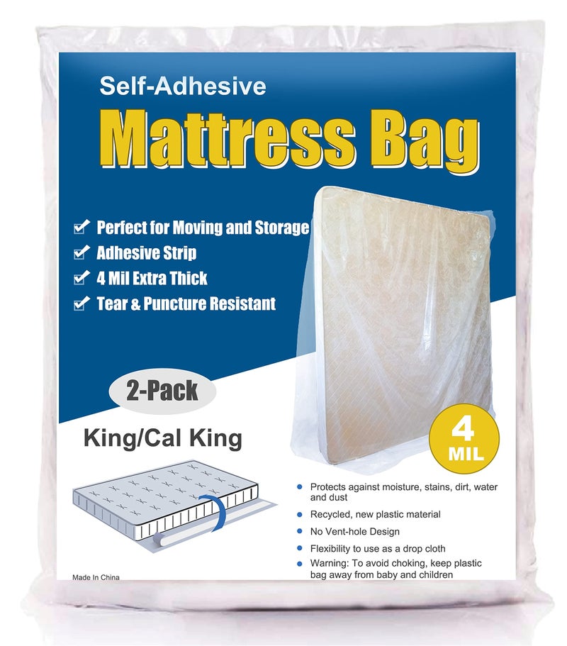 ComfortHome 4 Mil Extra Thick Sealable Mattress Bag with Adhesive Strip for Moving and Storage Heavy Duty Fits King and Cal King Size 2Pack