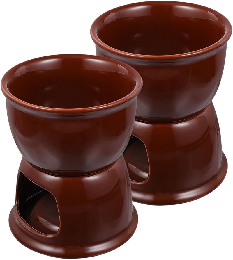 2pcs Ceramic Chocolate Melting Cups Porcelain Cheese Fondue Mugs Brown Color Dessert Warmer Pots for Home Cooking Date Night and Party Use - Image 1