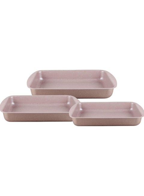 3-Pieces Granite Square Pan Set Beige Small Pan (32x22), Medium Pan (35x25), Large Pan (38x28)cm