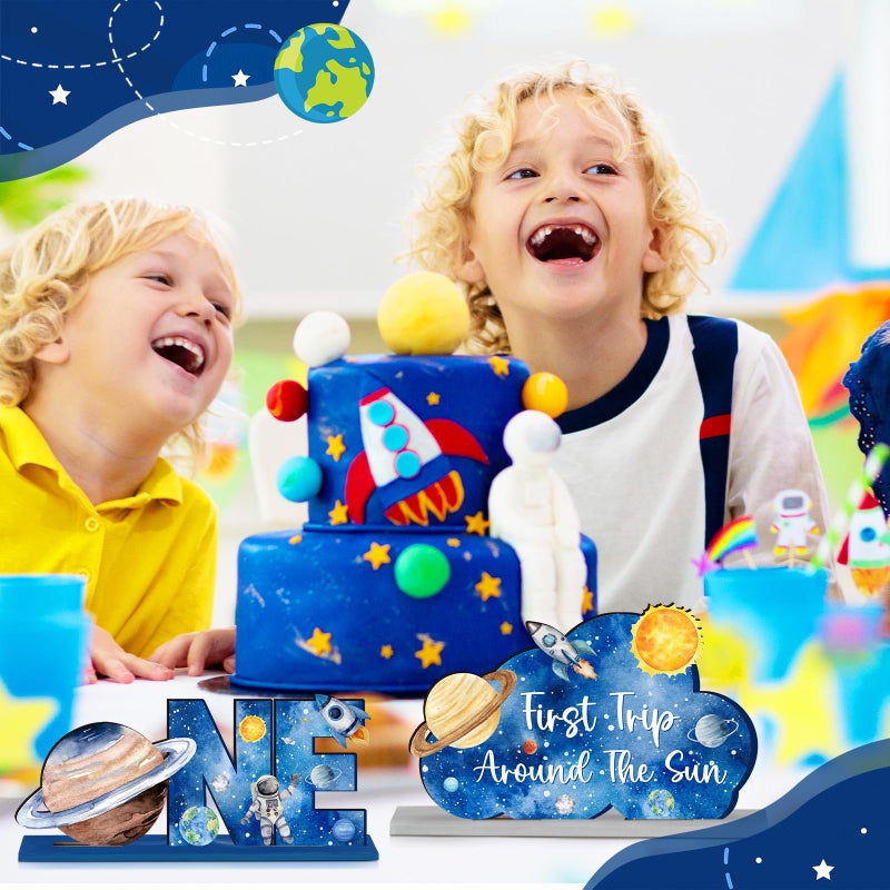 Quzzil 6 Pcs First Trip Around The Sun 1st Birthday Party Decorations Wooden Table Centerpiece Outer Space Solar System Theme Table Decoration Kids Theme Party Supplies - Image 4