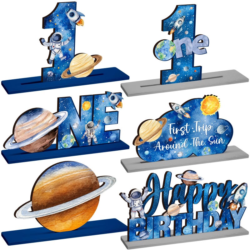 Quzzil 6 Pcs First Trip Around The Sun 1st Birthday Party Decorations Wooden Table Centerpiece Outer Space Solar System Theme Table Decoration Kids Theme Party Supplies - Image 1