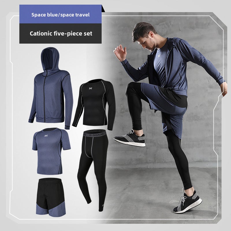 Generic Mens Fitness Tight Suit Basketball Gym Training Summer Set Space Blue-Cationic Five-piece Set