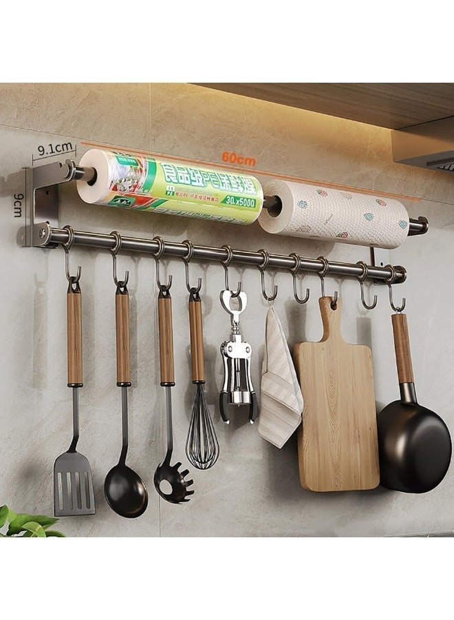 Stainless Steel Wall-Mounted Kitchen Organizer - Silver Paper Towel Holder & Spice Rack with Hooks - Durable Space-Saving Kitchen Solution - Image 2