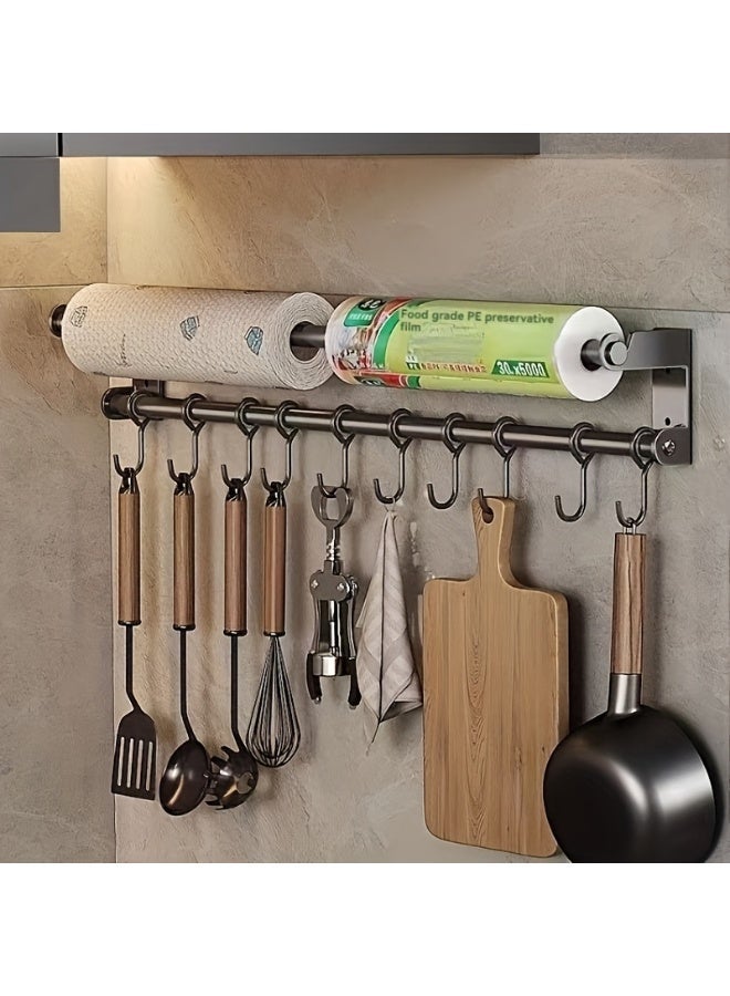 Stainless Steel Wall-Mounted Kitchen Organizer - Silver Paper Towel Holder & Spice Rack with Hooks - Durable Space-Saving Kitchen Solution - Image 5