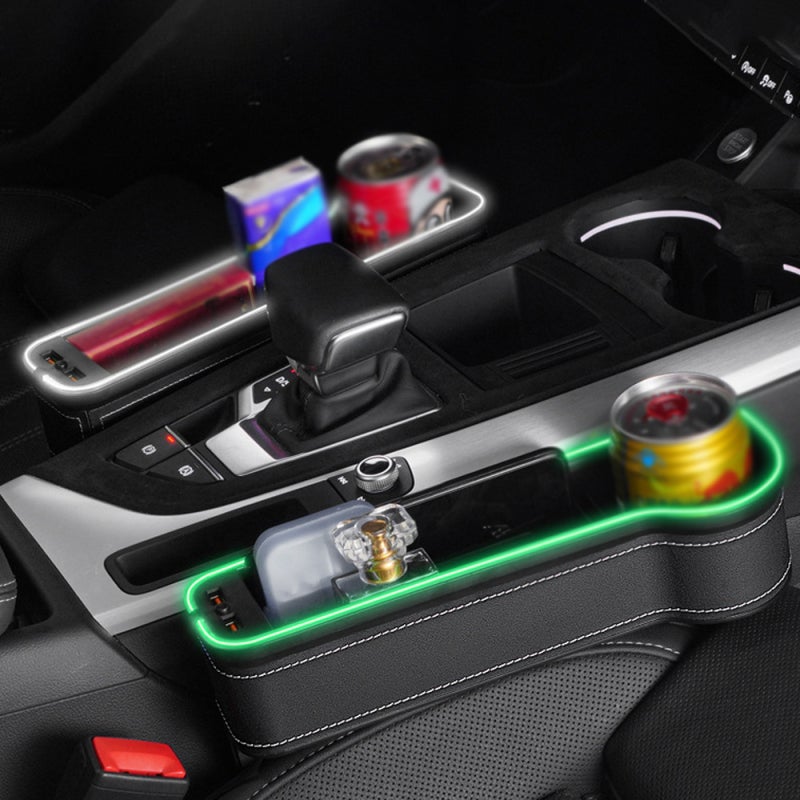 Car Organizer Type B Black: 3-In-1 Functionality Large Storage Space Inlay With LED Light Bar - 2 USB Ports Premium Leather ABS Plastic Seat Gap Car Accessory for Most Autos - Image 5