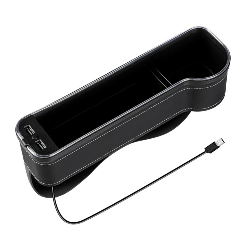 Car Organizer Type B Black: 3-In-1 Functionality Large Storage Space Inlay With LED Light Bar - 2 USB Ports Premium Leather ABS Plastic Seat Gap Car Accessory for Most Autos - Image 1