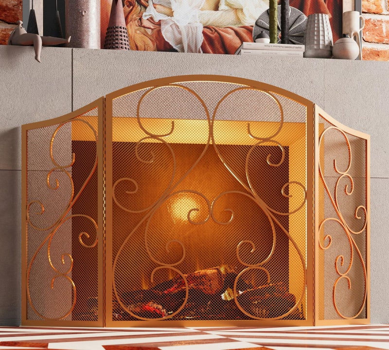 Fire Beauty Fireplace Screen 3 Panel Wrought Iron Metal 48"(L) x30(H) Spark Guard Cover(Golden Dusting) - Image 3