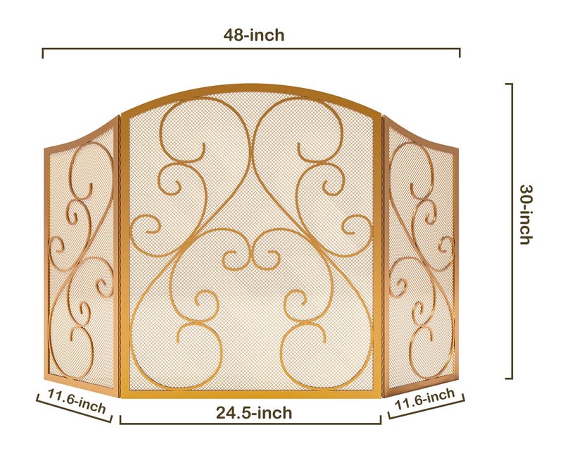 Fire Beauty Fireplace Screen 3 Panel Wrought Iron Metal 48"(L) x30(H) Spark Guard Cover(Golden Dusting) - Image 4