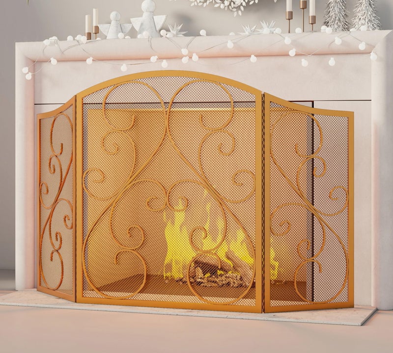 Fire Beauty Fireplace Screen 3 Panel Wrought Iron Metal 48"(L) x30(H) Spark Guard Cover(Golden Dusting) - Image 1
