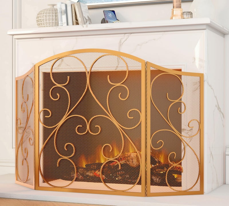 Fire Beauty Fireplace Screen 3 Panel Wrought Iron Metal 48"(L) x30(H) Spark Guard Cover(Golden Dusting) - Image 5
