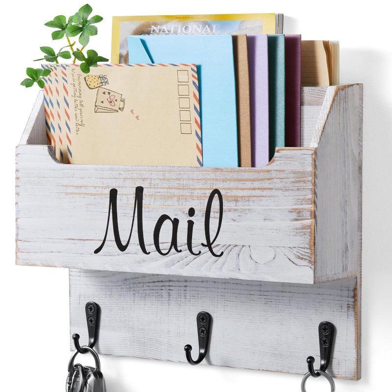 DRASTAR Mail Organizer Wall Mounted, Wooden Mail & Key Holder for Wall, Hanging Mail Organizer, Retro White Mail Basket for Home Office - Image 1