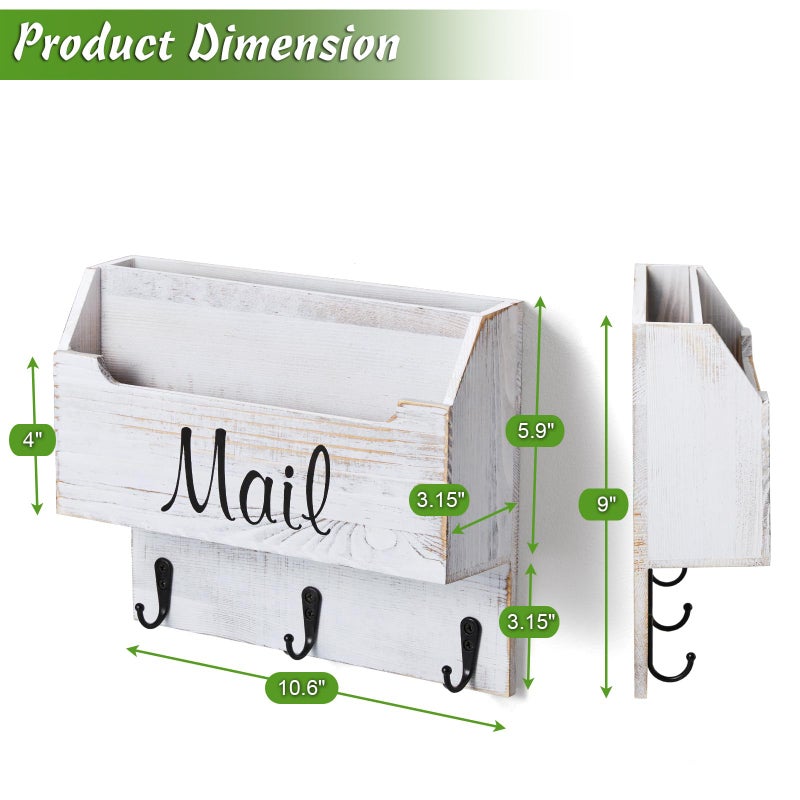 DRASTAR Mail Organizer Wall Mounted, Wooden Mail & Key Holder for Wall, Hanging Mail Organizer, Retro White Mail Basket for Home Office - Image 3