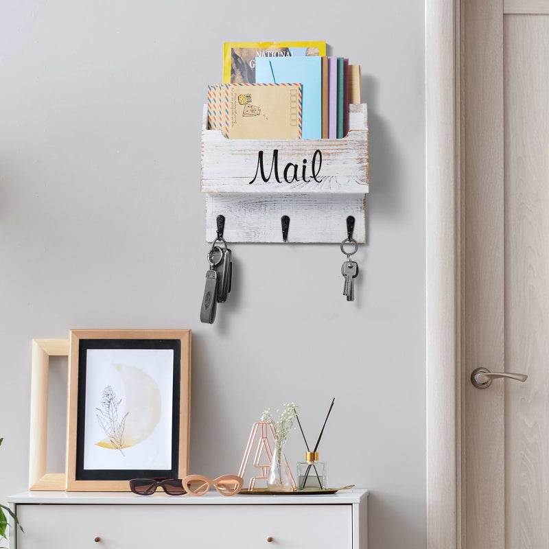 DRASTAR Mail Organizer Wall Mounted, Wooden Mail & Key Holder for Wall, Hanging Mail Organizer, Retro White Mail Basket for Home Office - Image 2
