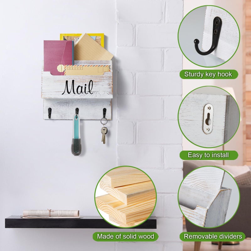 DRASTAR Mail Organizer Wall Mounted, Wooden Mail & Key Holder for Wall, Hanging Mail Organizer, Retro White Mail Basket for Home Office - Image 4