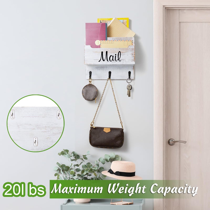 DRASTAR Mail Organizer Wall Mounted, Wooden Mail & Key Holder for Wall, Hanging Mail Organizer, Retro White Mail Basket for Home Office - Image 5