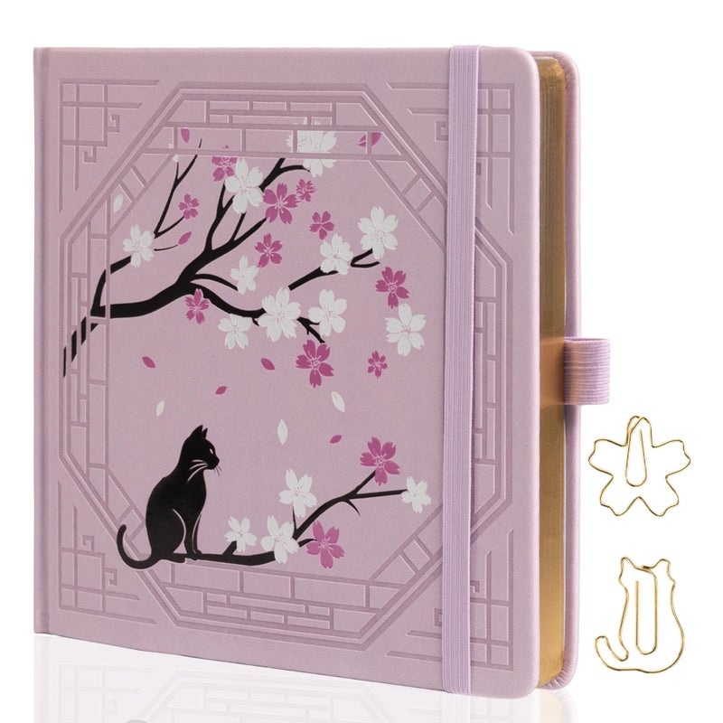 TIEFOSSI Square Dotted Journal, Cute Cat Journal for Women Girls, Dot Notebook with Pretty Sakura Pattern, Aesthetic Diary for Writing Journaling Drawing, Golden Edges, 8 x 8 IN - Image 1
