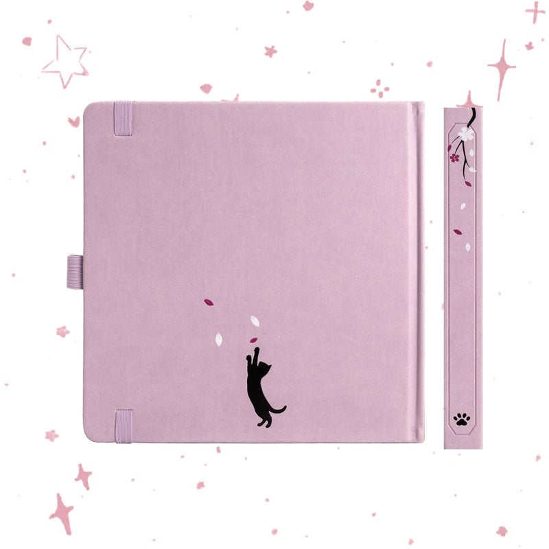 TIEFOSSI Square Dotted Journal, Cute Cat Journal for Women Girls, Dot Notebook with Pretty Sakura Pattern, Aesthetic Diary for Writing Journaling Drawing, Golden Edges, 8 x 8 IN - Image 3