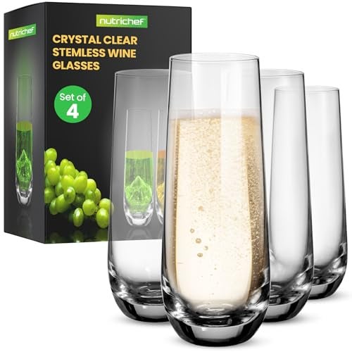 NutriChef NutriChef 4Piece Stemless Champagne Flutes Set  64 Tall Crystal Glasses with Thick Heavy Base  Prosecco Wine Flute Highball Glass Mimosa Cocktail Glass Set Bar Glassware  Dishwasher Safe