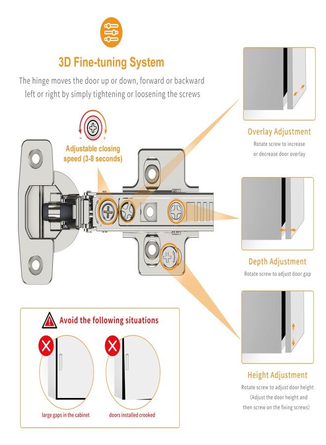 Chibery 10 Pack Frameless Full Overlay Soft Close Concealed European Hinges, Self Closing Satin Nickel, 105 ° Open Angle 4D Adjustment, Speed Control, Clip On, Stainless Steel for Cabinet Door - Image 3