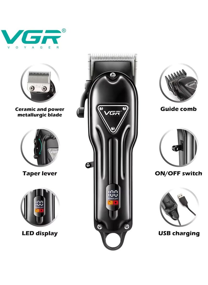 VGR V-051 Professional Hair Clipper, Salon Trimmer for men, Digital Display, Ceramic & Powder Metallurgic Blades, 2500mAh Lithium Battery, 300 minutes Runtime, 4 Guide Combs (Black) - Image 2