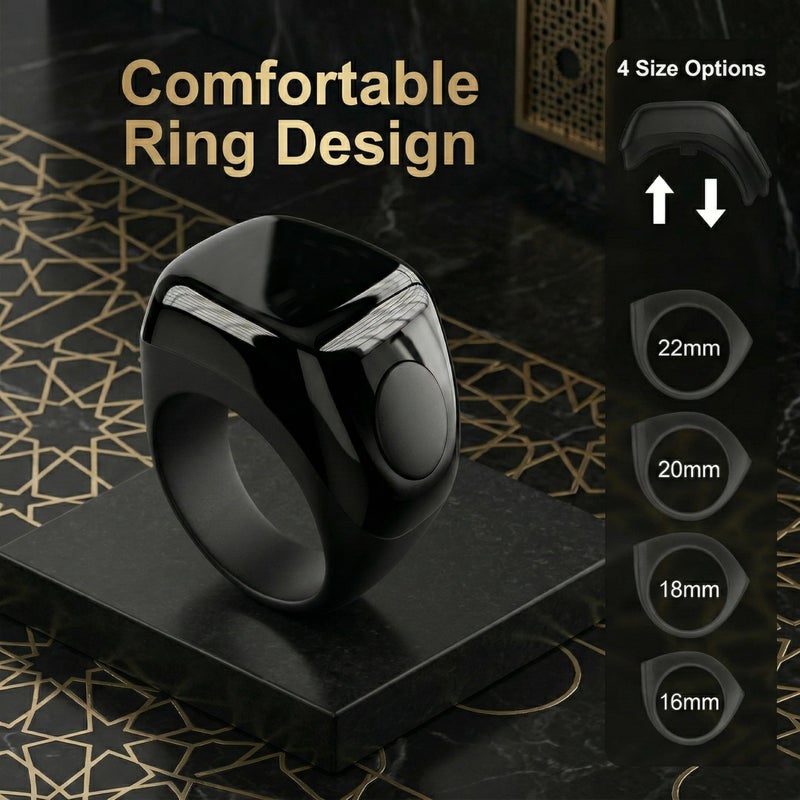 ZD-10 Electronic Tasbih Ring Tasbeeh and Reminder of Prayer Times via Vibration, Different Sizes (22,20,18) Smart Ring, OLED Display, Follow-up Magnetic Charging - Black - Image 5