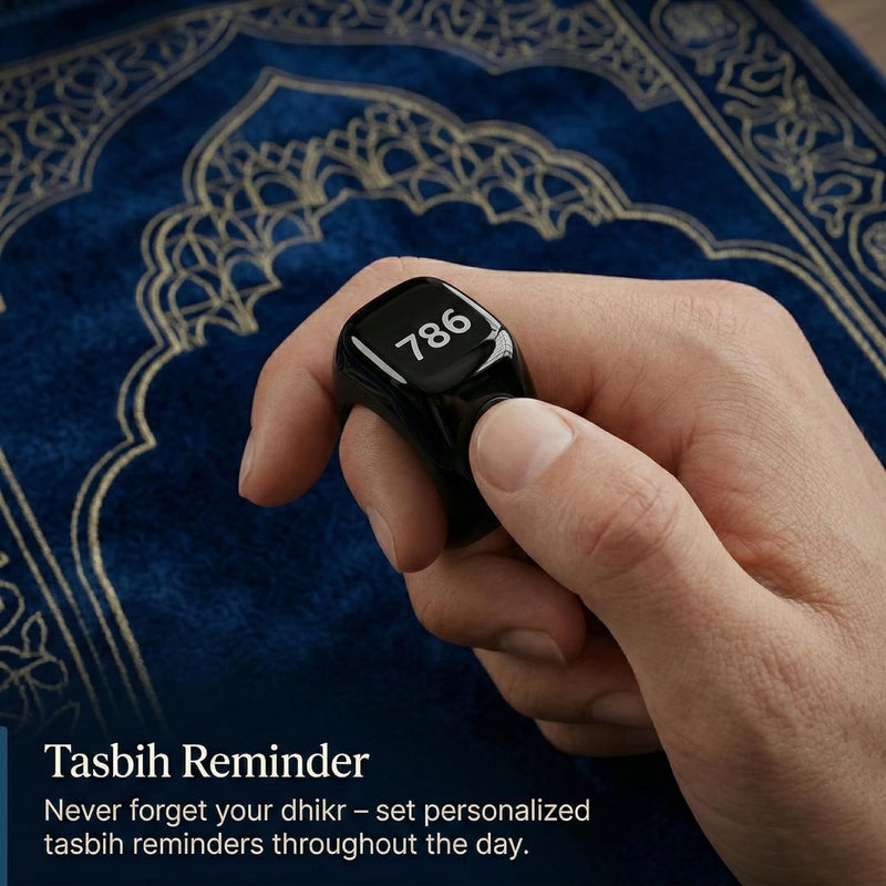 ZD-10 Electronic Tasbih Ring Tasbeeh and Reminder of Prayer Times via Vibration, Different Sizes (22,20,18) Smart Ring, OLED Display, Follow-up Magnetic Charging - Black - Image 3