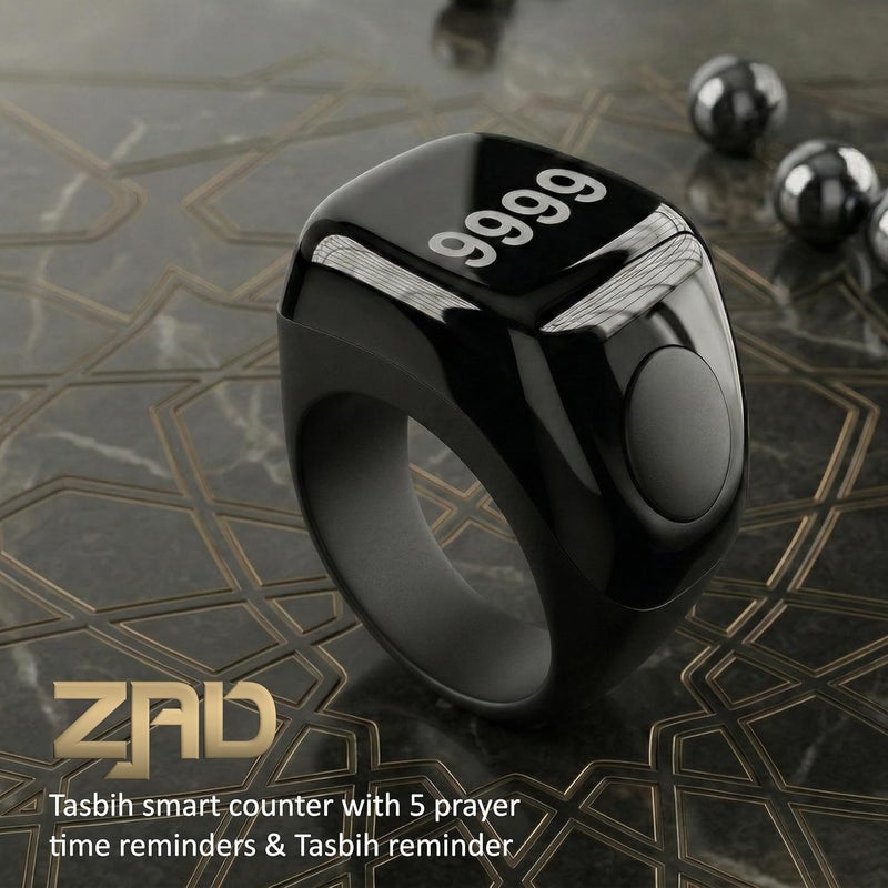 ZD-10 Electronic Tasbih Ring Tasbeeh and Reminder of Prayer Times via Vibration, Different Sizes (22,20,18) Smart Ring, OLED Display, Follow-up Magnetic Charging - Black - Image 4