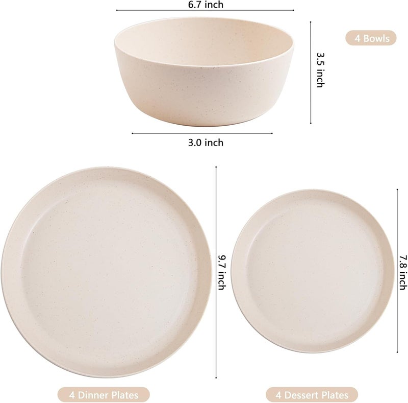 ejonirinjonir EI 12pcs Wheat Straw Dinnerware Set of 4,Reusable Plastic Plates,Unbreakable Dinner Plates,Deep Dinner Hard Premium Plastic Plates,Microwave Dishwasher Safe for Camping,Picninc,Family Dinner - Image 2