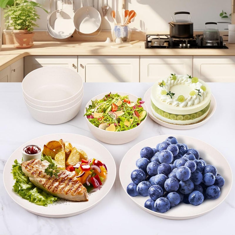 ejonirinjonir EI 12pcs Wheat Straw Dinnerware Set of 4,Reusable Plastic Plates,Unbreakable Dinner Plates,Deep Dinner Hard Premium Plastic Plates,Microwave Dishwasher Safe for Camping,Picninc,Family Dinner - Image 5