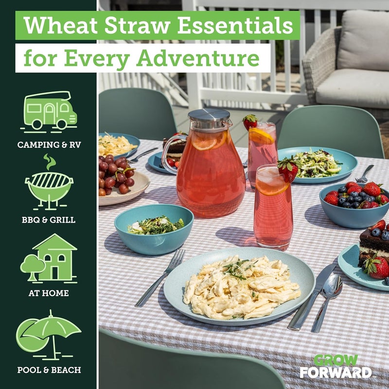 Grow Forward 16-piece Premium Wheat Straw Dinnerware Sets for 4 - Unbreakable Dishwasher & Microwave Safe Plastic Plates and Bowls Sets - Patio, Outdoors, RV, Camping Dishes - Seascape - Image 2