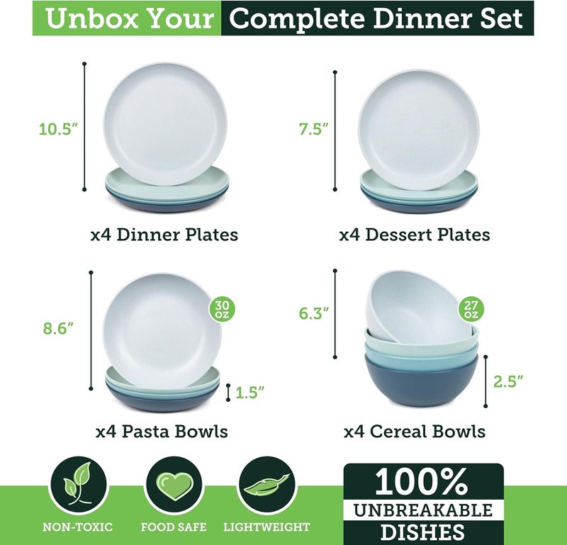 Grow Forward 16-piece Premium Wheat Straw Dinnerware Sets for 4 - Unbreakable Dishwasher & Microwave Safe Plastic Plates and Bowls Sets - Patio, Outdoors, RV, Camping Dishes - Seascape - Image 3
