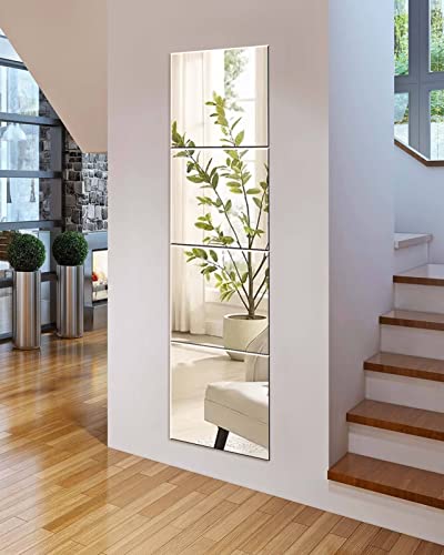 Sqinor Full Length Mirrors Long Wall Mirror Self Adhesive Mirror Tiles Glass 35x35 Stick On Mirrors for Bedroom Living Room Wardrobe Doors Walls 35x35cm 4pcs
