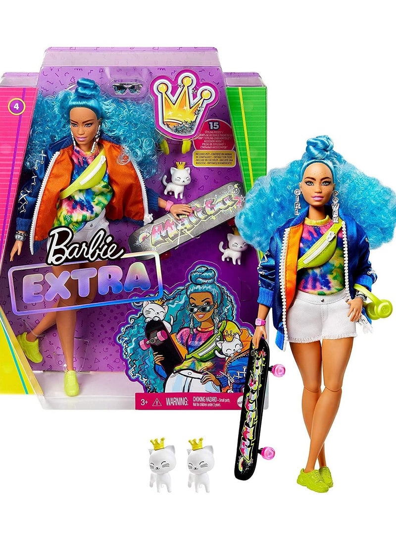 Barbie Extra Doll Blue Hair Bomber Jacket Skateboard - Image 1